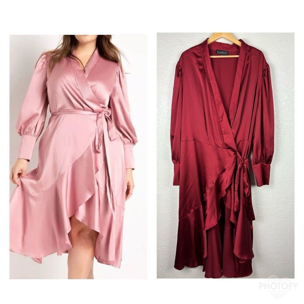 Eloquii Rose Satin Wrap Midi Dress